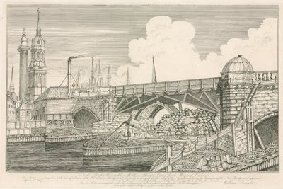 Fragment mostu Old London Bridge, narysowany w 1827 roku podczas prac budowlanych autorstwa English School