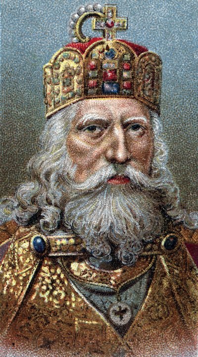 Portret Karola Wielkiego (742-814), króla Franków - Karol Wielki - Z serii „”Przywódcy ludzi”” - Chromolitografia - Szkoła angielska, XX wiek - autorstwa English School