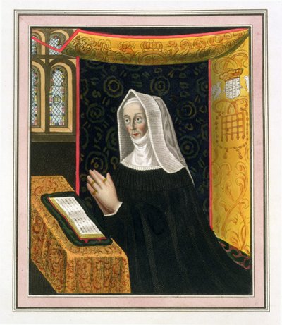 Portret Margaret Beaufort, hrabiny Richmond i Derby (1443-1509), założycielki St. Johns College w Cambridge, z The History of Cambridge, wyd. R. Ackermann, 1815 (akwatinta kolorowa) autorstwa English School
