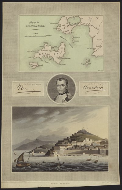 Portret Napoleona Bonaparte z mapą i widokiem na Elba autorstwa English School