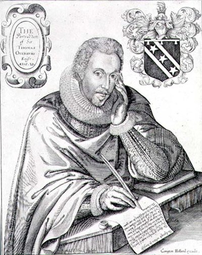 Portret sir Thomasa Overbury (1581-1613) spisującego swoje epitafium, ryty przez Renolda Elstracka (1571-c.1630) 1613 (rycina) autorstwa English School