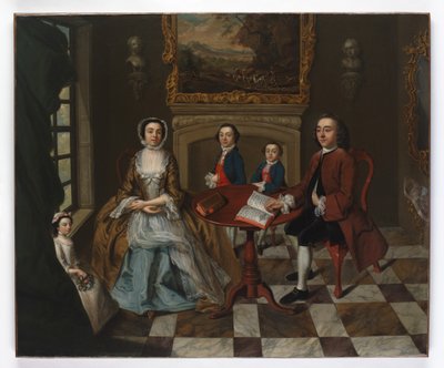 Portret rodziny we wnętrzu, uważany za rodzinę Roubel, lata 50. XVIII w. autorstwa English School