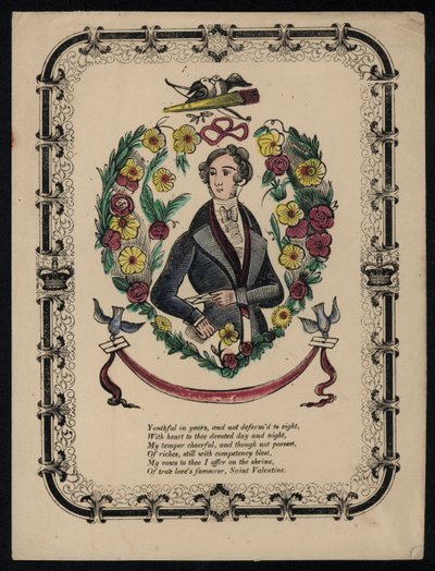Portret przystojnego mężczyzny, walentynkowy wiersz (kolorowa grawerunek) autorstwa English School