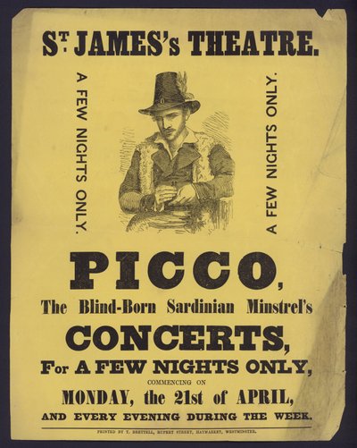Plakat reklamujący koncerty Picco, niewidomego sardyńskiego minstrela w St James