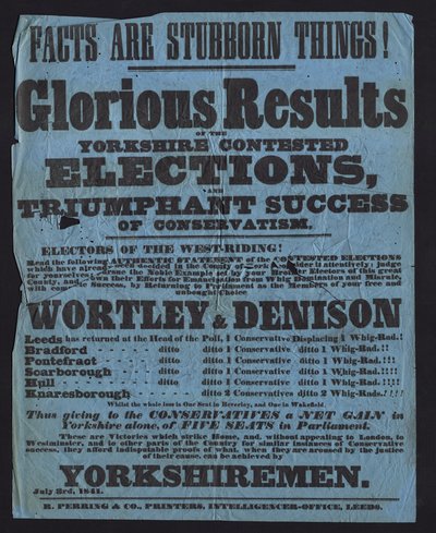 Plakat upamiętniający zwycięstwo konserwatywnych kandydatów w wyborach parlamentarnych w Yorkshire autorstwa English School