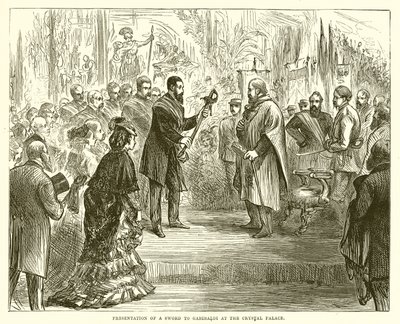 Prezentacja miecza Garibaldiemu w Kryształowym Pałacu autorstwa English School