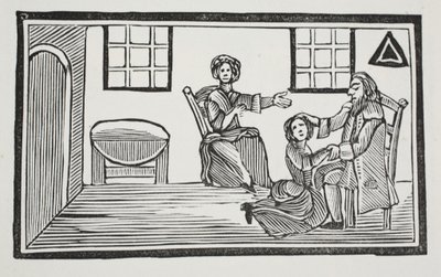 Śliczna Bessie otrzymująca błogosławieństwo ojca, gdy idzie szukać środków do życia, ilustracja z książki Chap-books of the Eighteenth Century Johna Ashtona, pub. 1882 autorstwa English School