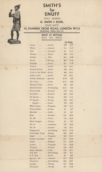 Cennik dla G Smith & Sons, Snuff Shop autorstwa English School
