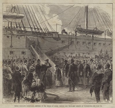 Książę Tokugawa Minbutaiho, brat japońskiego potentata, odwiedzający HM Troop-Ship Serapis w Portsmouth (rycina) autorstwa English School