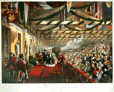 Księżniczka Aleksandra z Danii przybywa do Londynu 7 marca 1863 r. na Stacji Zbrojnej Murarzy ze swoim przyszłym mężem, księciem Walii. 1863 (kolor lito) autorstwa English School