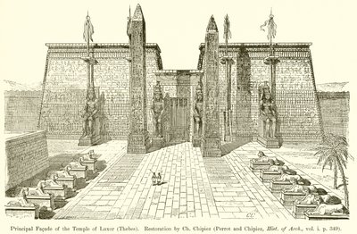Główna fasada świątyni w Luksorze (Teby). Restauracja Ch. Chipiez (Perrot i Chipiez, Hist. of Arch., vol. i. p. 349) autorstwa English School