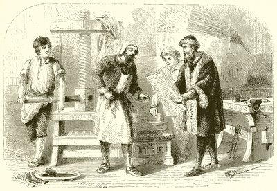 Drukowanie pierwszego arkusza Biblii autorstwa English School