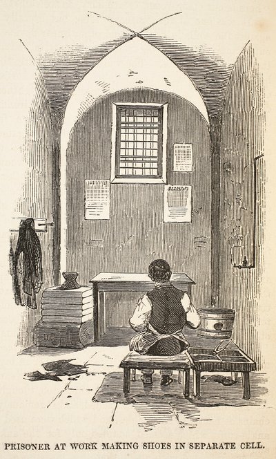 Więzień przy pracy przy robieniu butów w oddzielnej celi, ilustracja z The Criminal Prisons of London i Scenes from Prison Life Henry