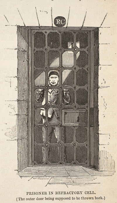 Więzień w celi ogniotrwałej (zewnętrzne drzwi mają być odrzucone), ilustracja z The Criminal Prisons of London i Scenes from Prison Life Henry