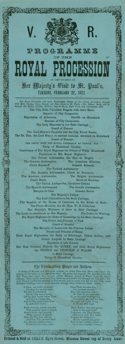 Program procesji królewskiej z okazji wizyty Jej Królewskiej Mości w Katedrze św. Pawła w Londynie, 27 lutego 1872 r. autorstwa English School