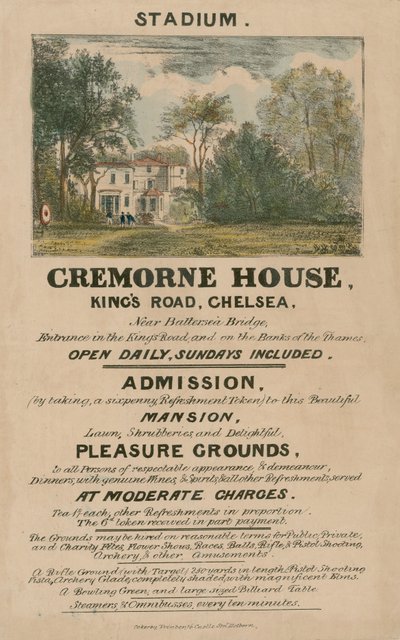 Ulotka promocyjna dla stadionu, Cremorne House, Kings Road, Chelsea, Londyn autorstwa English School
