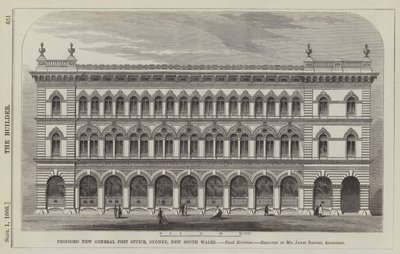 Proponowany nowy główny urząd pocztowy, Sydney, Nowa Południowa Walia, elewacja Flank, zaprojektowany przez pana Jamesa Barneta, architekta (grafika) autorstwa English School
