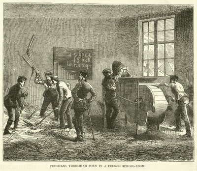 Prusacy młócą kukurydzę we francuskiej sali szkolnej, wrzesień 1870 autorstwa English School