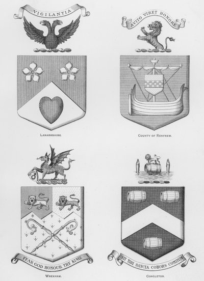 Broń publiczna: Lanarkshire; hrabstwo Renfrew; Wrexham; Congleton (grawerowanie) autorstwa English School