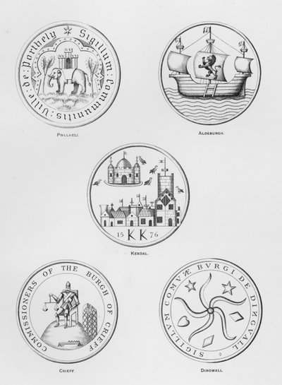 Broń publiczna: Pwllheli; Aldeburgh; Kendal; Krzyk; Dingwall (grawerowanie) autorstwa English School
