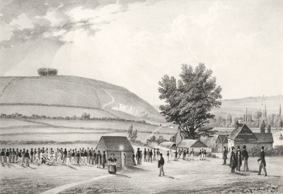 Chłopcy ze szkoły publicznej (Charterhouse) grający w piłkę nożną (bw litho) autorstwa English School