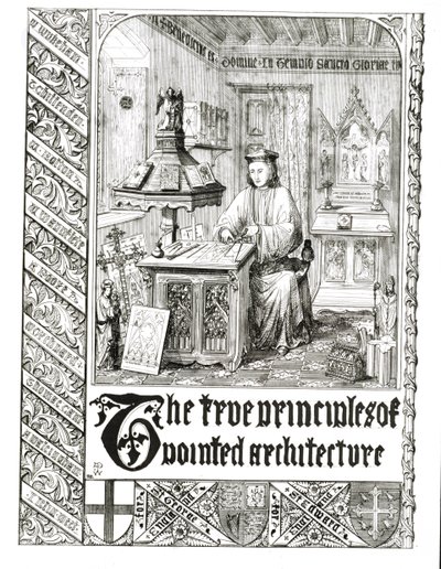 Pugin w pracy, frontyspis z True Principles of Pointed or Christian Architecture, Augustus Welby Northmore Pugin (1812-52) autorstwa English School