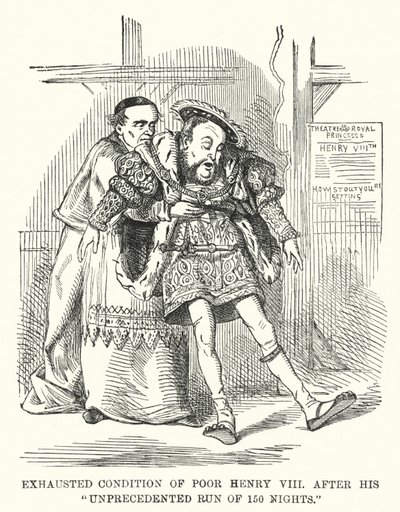 Punch cartoon: Wyczerpany stan biednego Henryka VIII po jego bezprecedensowym biegu 150 nocy (grawerowanie) autorstwa English School
