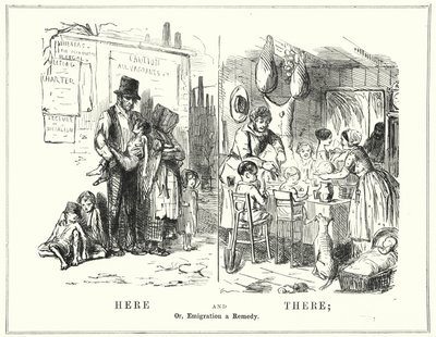 Punch cartoon: Tu i tam, czyli emigracja lekarstwem (grawerunek) autorstwa English School