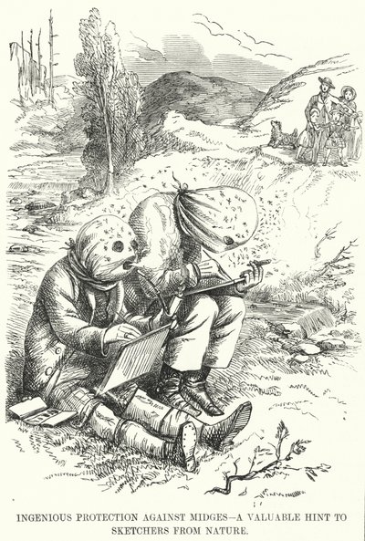Punch cartoon: Ingenious Protection against Midges – cenna wskazówka dla rysowników z natury (grawerowanie) autorstwa English School