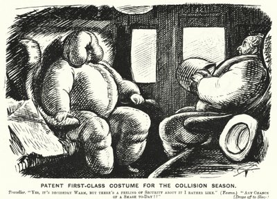 Punch cartoon: Patentowy kostium pierwszej klasy na sezon kolizji - bezpieczeństwo na kolei (grawerowanie) autorstwa English School