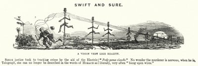 Punch cartoon: Swift and Sure – wykorzystanie telegrafii elektrycznej w śledzeniu przestępstw (grawerowanie) autorstwa English School