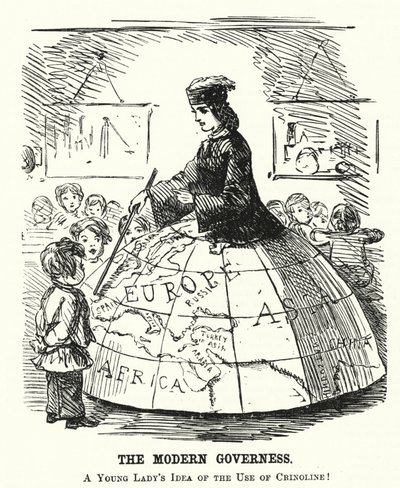 Punch cartoon: The Modern Governess - spódnica z szerokim obręczą służąca jako pomoc w nauce geografii (grafika) autorstwa English School