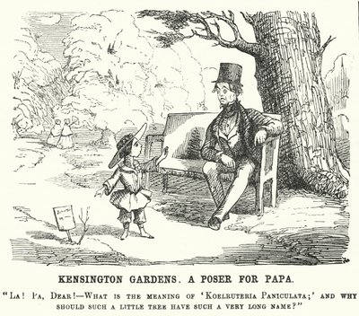 Karykatura z dziurkacza: dziecko zadające ojcu pytanie w Kensington Gardens w Londynie (rycina) autorstwa English School