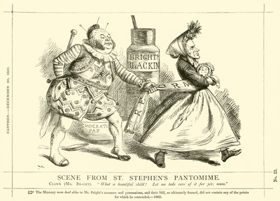 Kreskówka dziurkacza dotycząca Johna Brighta: Scena z Pantomimy św. Szczepana, 30 grudnia 1865 (rycina) autorstwa English School