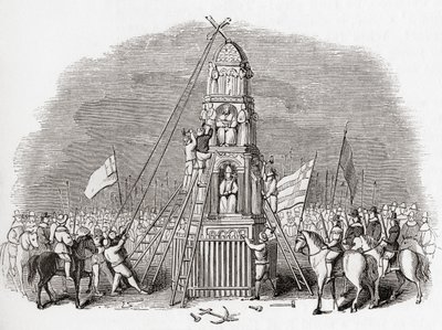 Purytanie niszczący Cheapside Cross aka Eleanor Cross, Londyn, Anglia w 1643 r., ze strony Old England: A Pictorial Museum, pub. 1847 autorstwa English School
