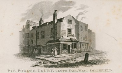 Pye Powder Court, Cloth Fair, West Smithfield, odbywające się w publicznym domu Sign of the Hand and Shears autorstwa English School