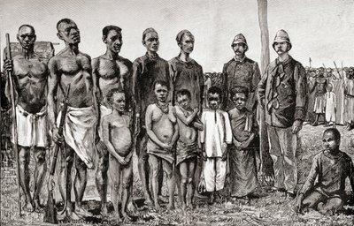 Tubylcy Pigmeje na tle oficerów angielskich, Sudańczyków i Zanzibarów, 1890 (drewno) autorstwa English School