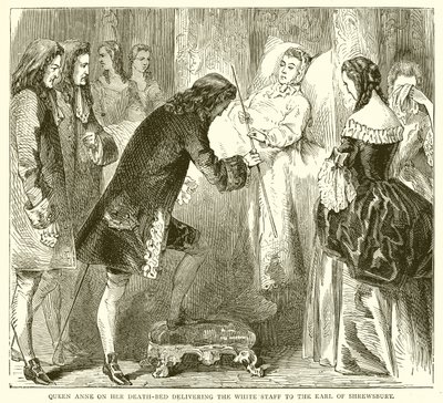 Królowa Anna na łożu śmierci dostarczająca Białą Laską hrabiemu Shrewsbury autorstwa English School