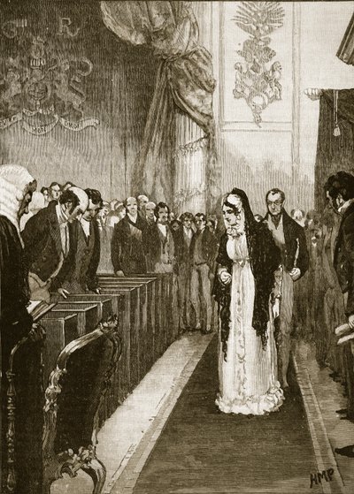 Królowa Karolina wchodząca do Izby Lordów, ilustracja z Cassells Illustrated History of England (zdjęcie w sepii) autorstwa English School