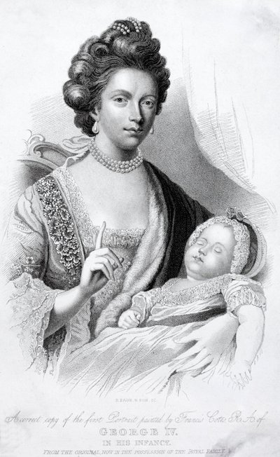 Królowa Charlotte, małżonka króla Jerzego III, z małym synkiem, przyszłym księciem regentem i królem Jerzym IV autorstwa English School