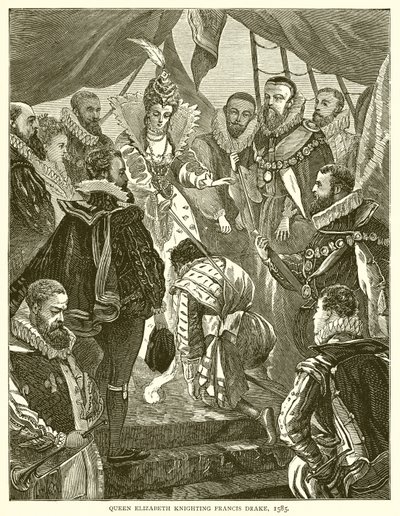 Królowa Elżbieta pasująca na rycerza Francisa Drake
