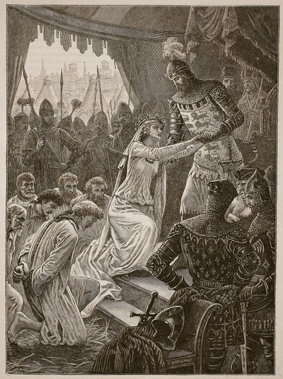 Królowa Filipa wstawiająca się za mieszczanami z Calais, ilustracja z Cassells Illustrated History of England (zdjęcie w sepii) autorstwa English School