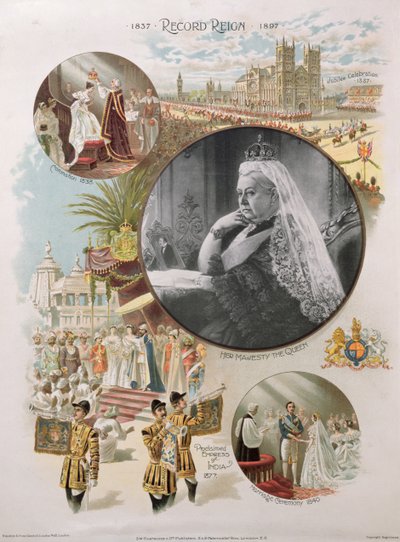 Królowa Wiktoria (1819-1901) przedstawiona w czasie jej Diamentowego Jubileuszu w 1897 r. wraz z niektórymi głównymi wydarzeniami w jej życiu, 1897 r. autorstwa English School