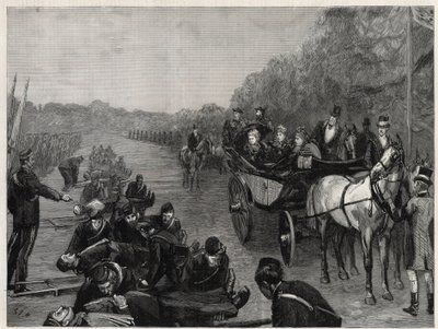 Królowa Wiktoria – Inspekcja Jej Królewskiej Mości Królowej Korpusu Pogotowia Pułkownika Seeya w Windsor Park. Ilustracja do grafiki autorstwa English School
