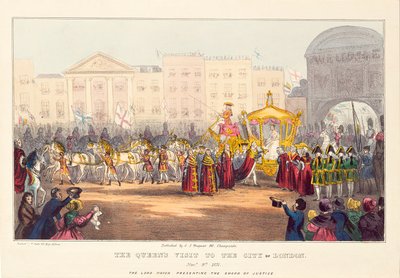 Królowa Wiktoria wkraczająca do londyńskiego City w Temple Bar, grawerowana przez G. Tregeara, 1837 autorstwa English School