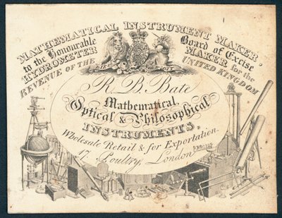 R B Bate, instrumenty matematyczne, optyczne i filozoficzne, karta handlowa autorstwa English School