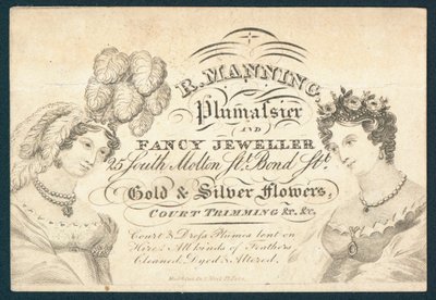 R Manning, Plumassier i fantazyjny jubiler, karta handlowa autorstwa English School