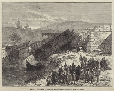 Wypadek kolejowy w Antibes k. Cannes, włóczenie się po zmarłych (rycina) autorstwa English School