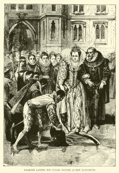Raleigh kładzie płaszcz przed królową Elżbietą autorstwa English School