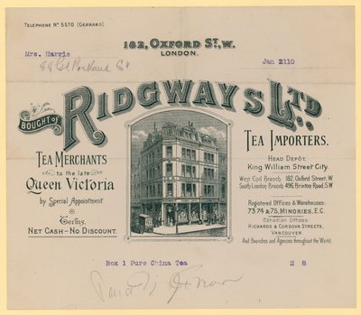Pokwitowanie od Ridgways, importerów herbaty, 182 Oxford Street, Londyn autorstwa English School